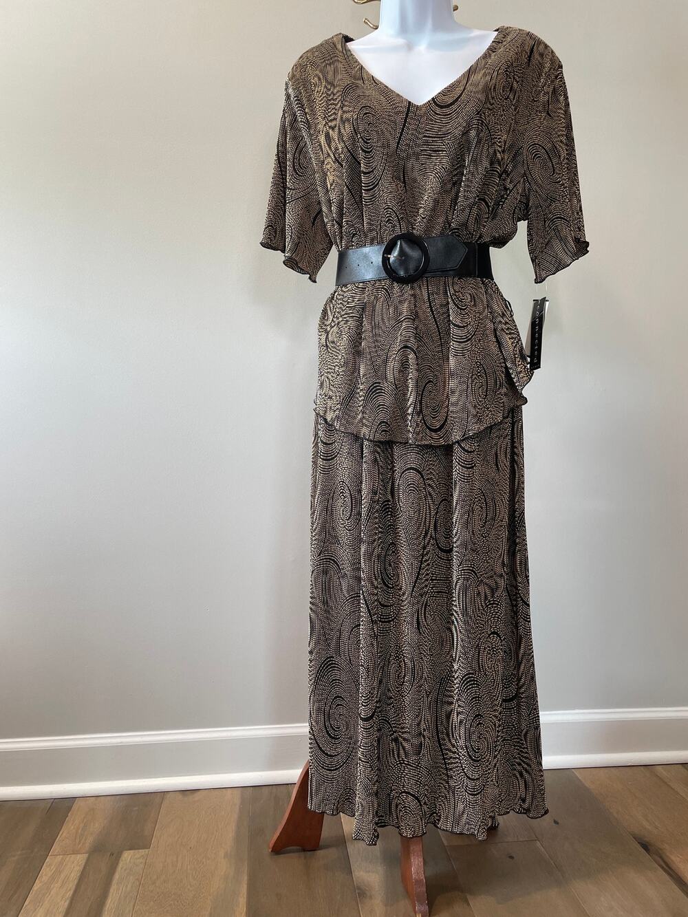 Connect Woman Belted Shift Dress Size 18W Camel Brown Black Print V Neck 90s